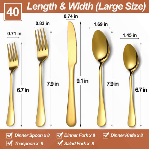 Lazycorner gold silverware set with 8 dinner forks, balanced grip for comfortable dining.