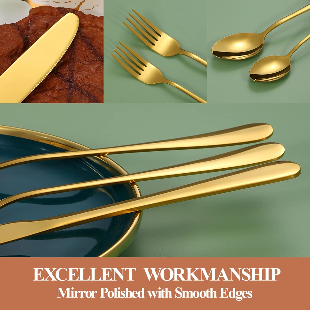 Lazycorner gold silverware set with 8 dinner spoons, smooth surfaces for easy eating.