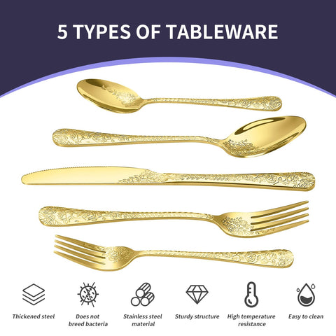 Lazycorner gold-tone stainless steel cutlery with rose design enhances table presentation.
