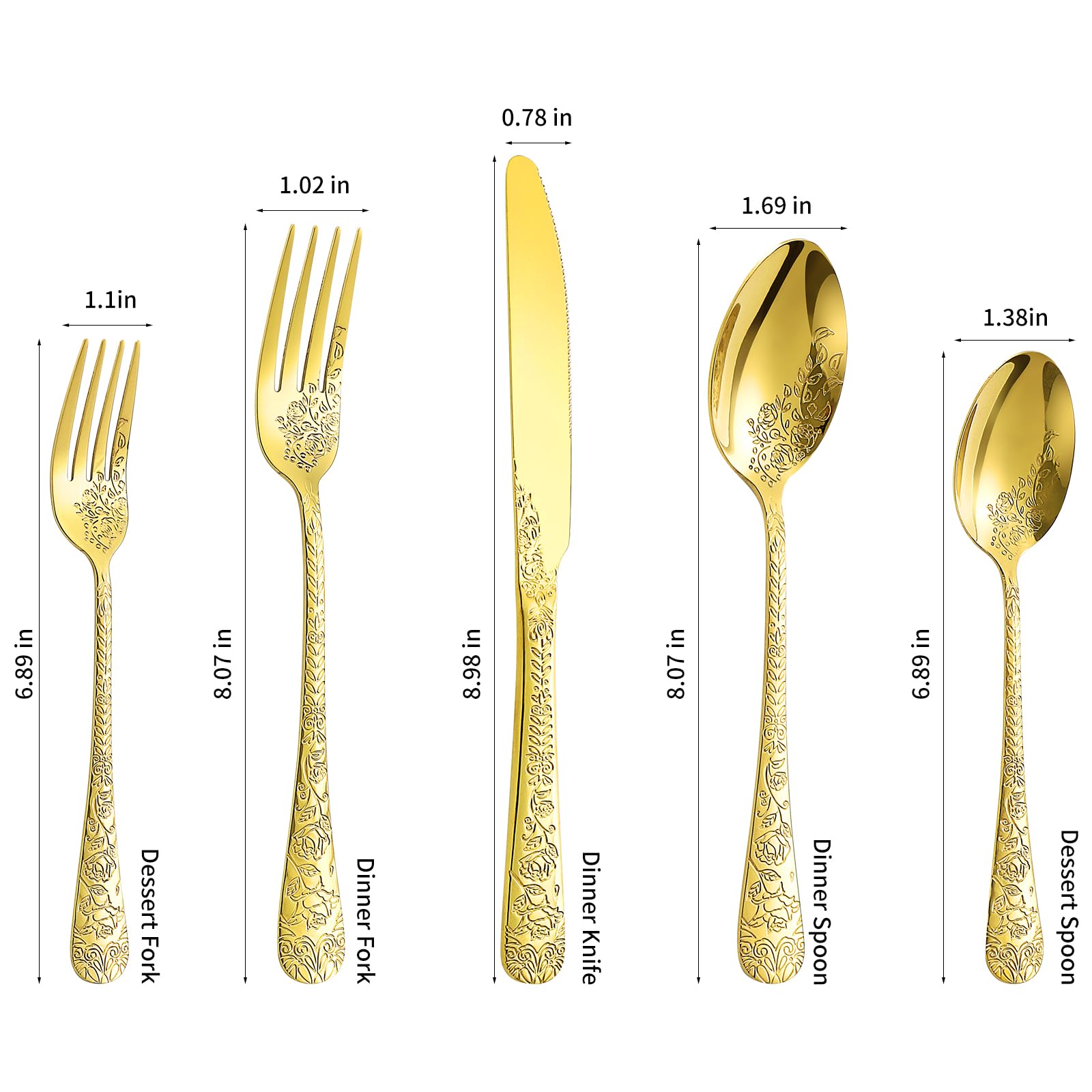 Lazycorner mirror-polished gold flatware closeup highlights elegant floral detailing.