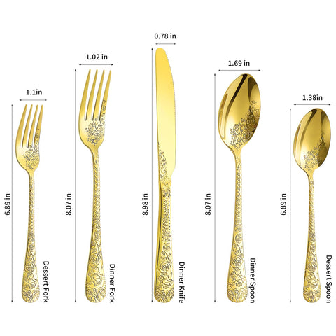 Lazycorner mirror-polished gold flatware closeup highlights elegant floral detailing.