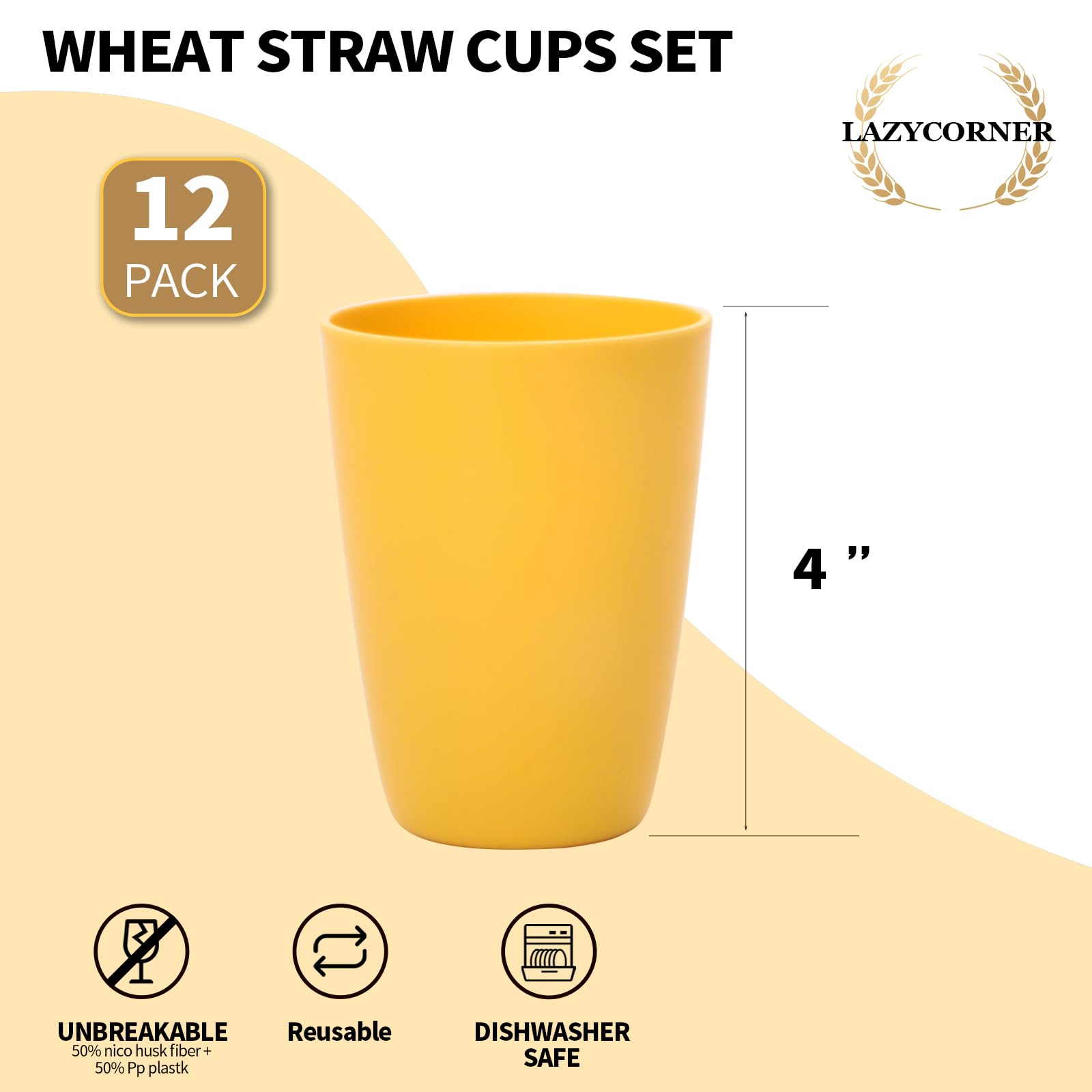 Lazycorner 12oz wheat straw cup, six-color palette for vibrant table setting.