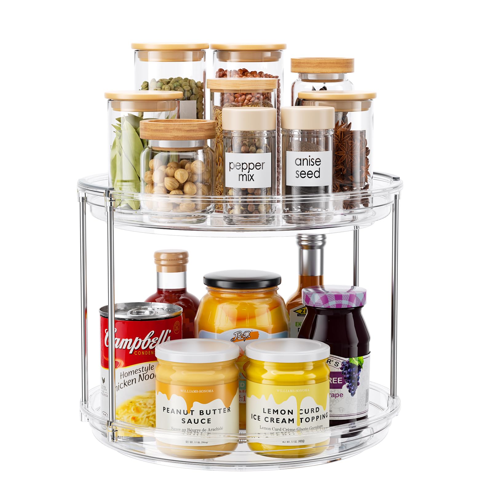 LazySpin 2-Tier Lazy Susan on countertop for compact spice organization.