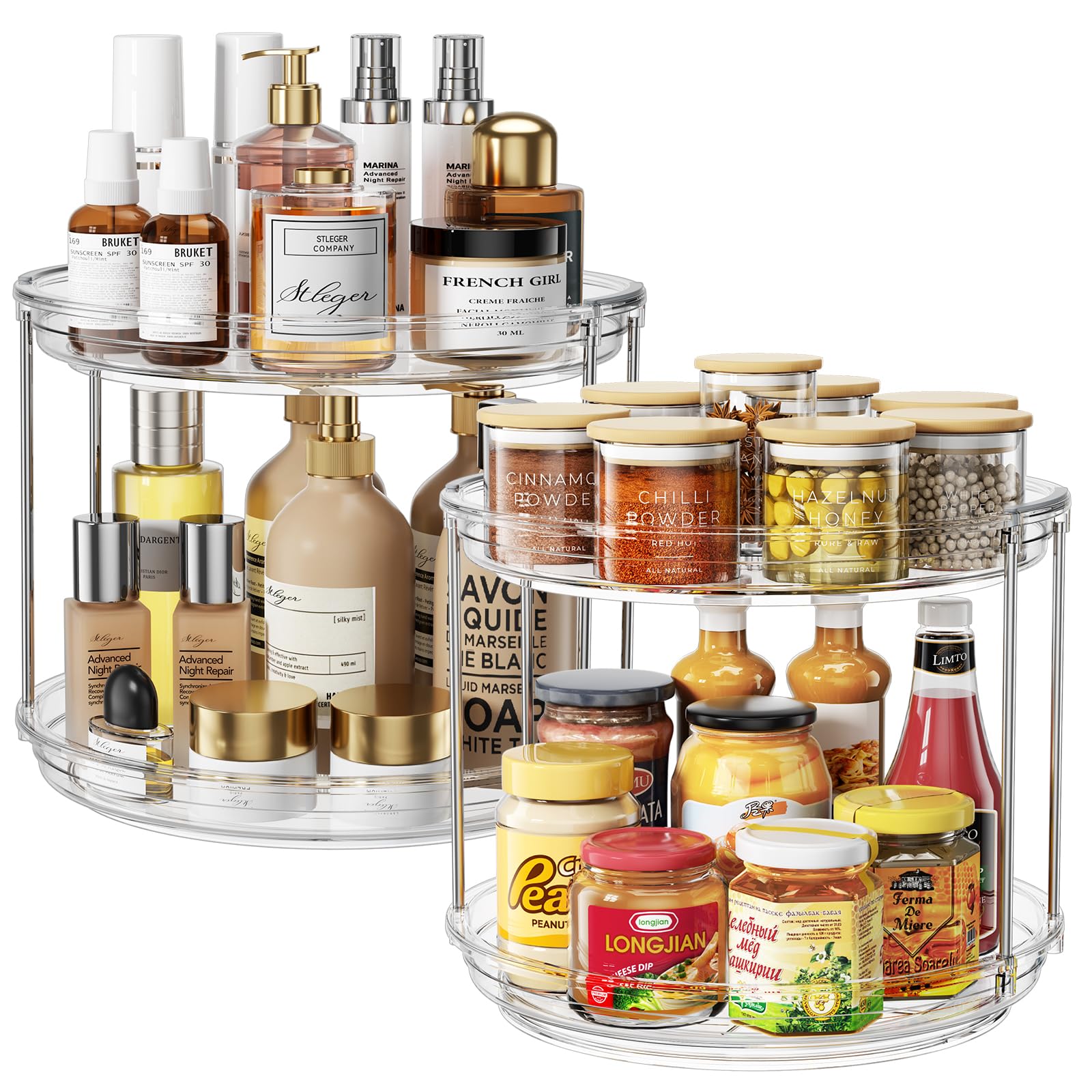 LazySpin 2-Tier Lazy Susan top view shows compact cabinet spice storage.