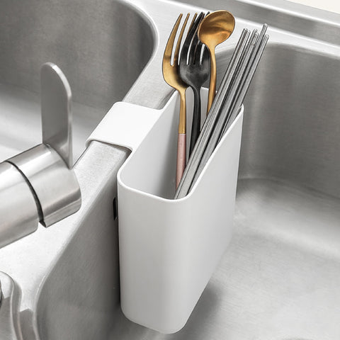 LazyzBeez compact drainer with utensil holder keeps cutlery organized.