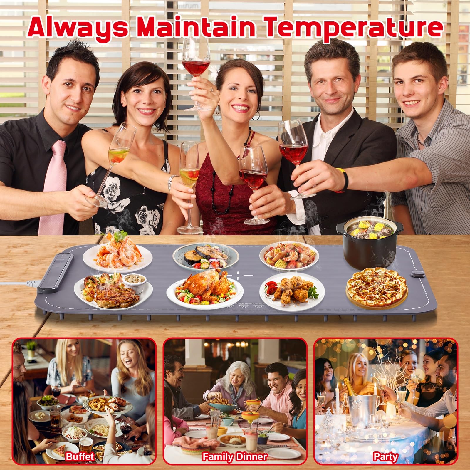 LBOLHZO portable warmer works on heat-resistant surfaces for versatile serving setups.
