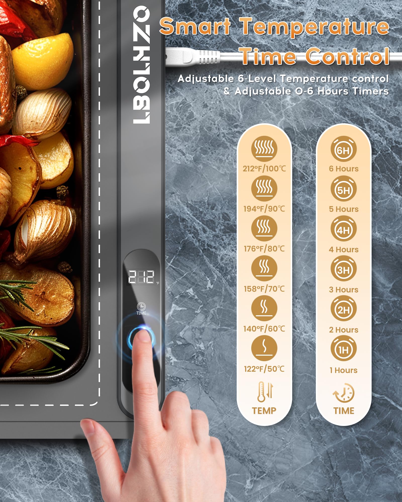 LBOLHZO warming mat heat levels display helps set serving temperature precisely.
