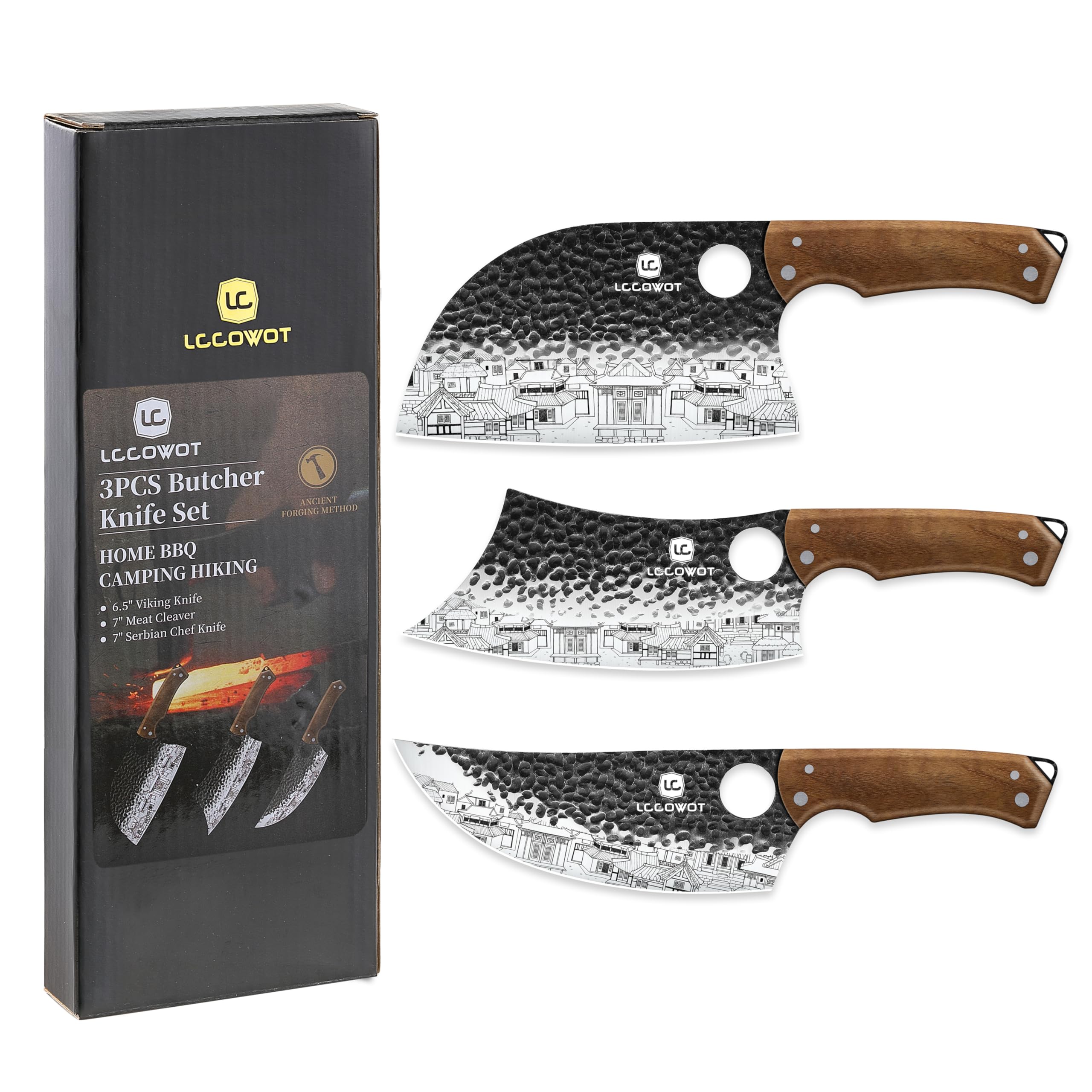 Lccowot 3-piece butcher knife set with wooden handles for precise home prep.