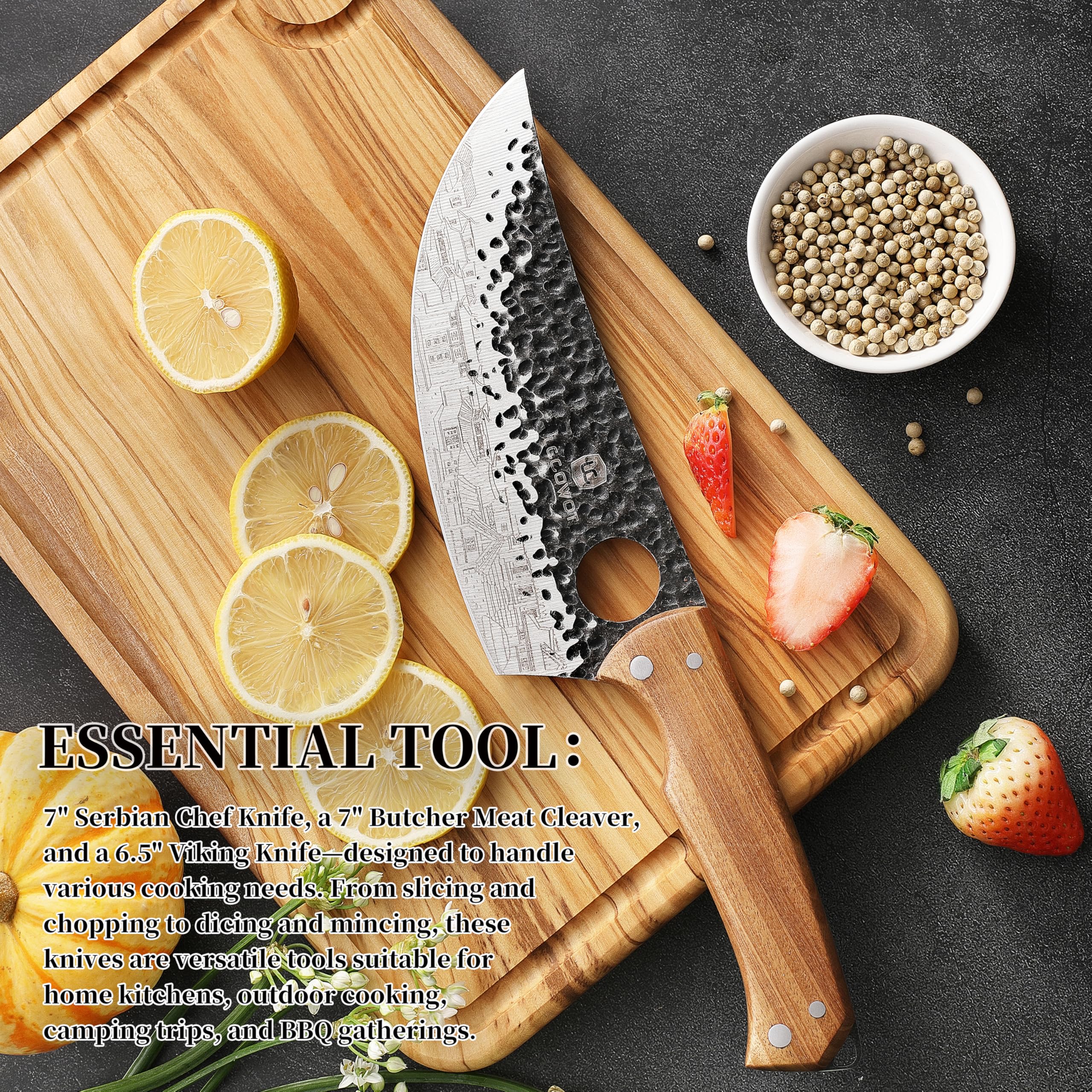 Lccowot blades feature ancient building pattern adding visual appeal in kitchen.
