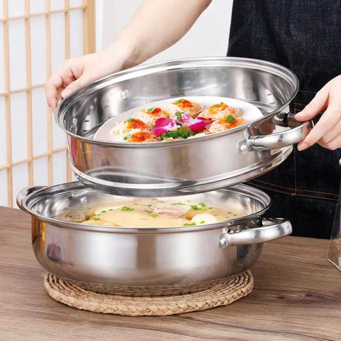 LCPUD steamer basket inside pot ready for gentle, healthy steaming of greens.