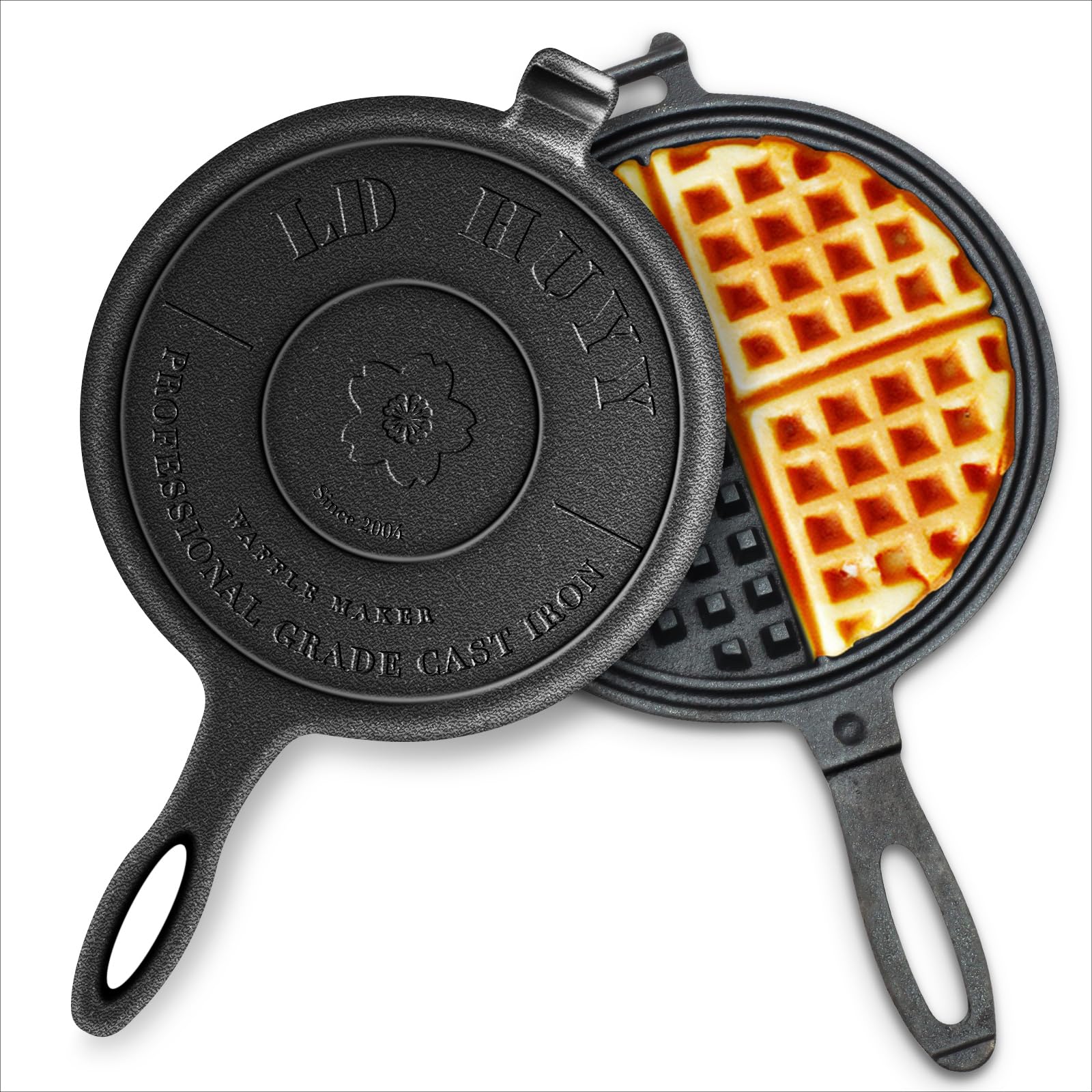 LD HuYY professional 8-inch cast-iron waffle maker on stove top delivers even heat.