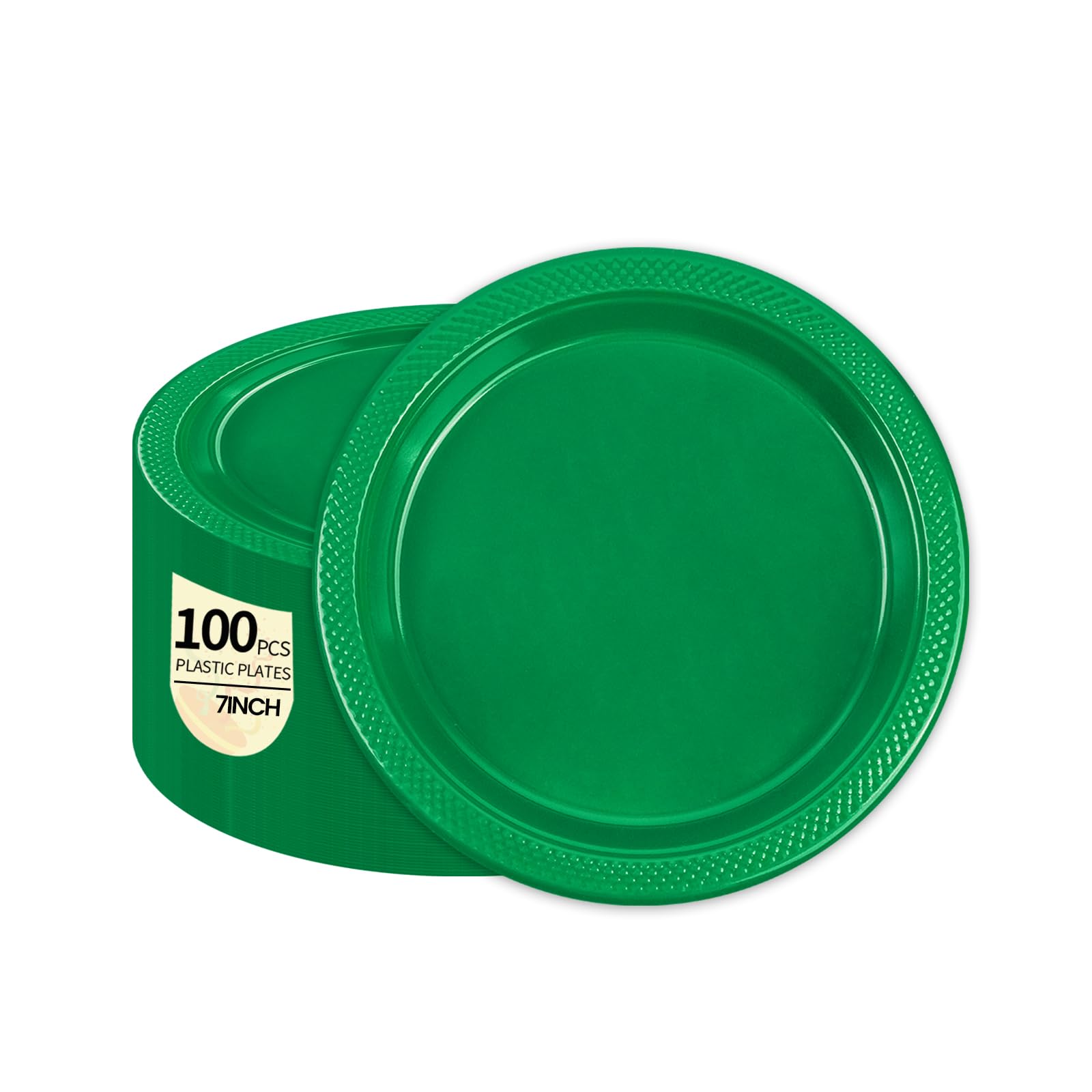 LDFDRT green 7-inch plastic plates, pack-front, add easy elegance to any event.