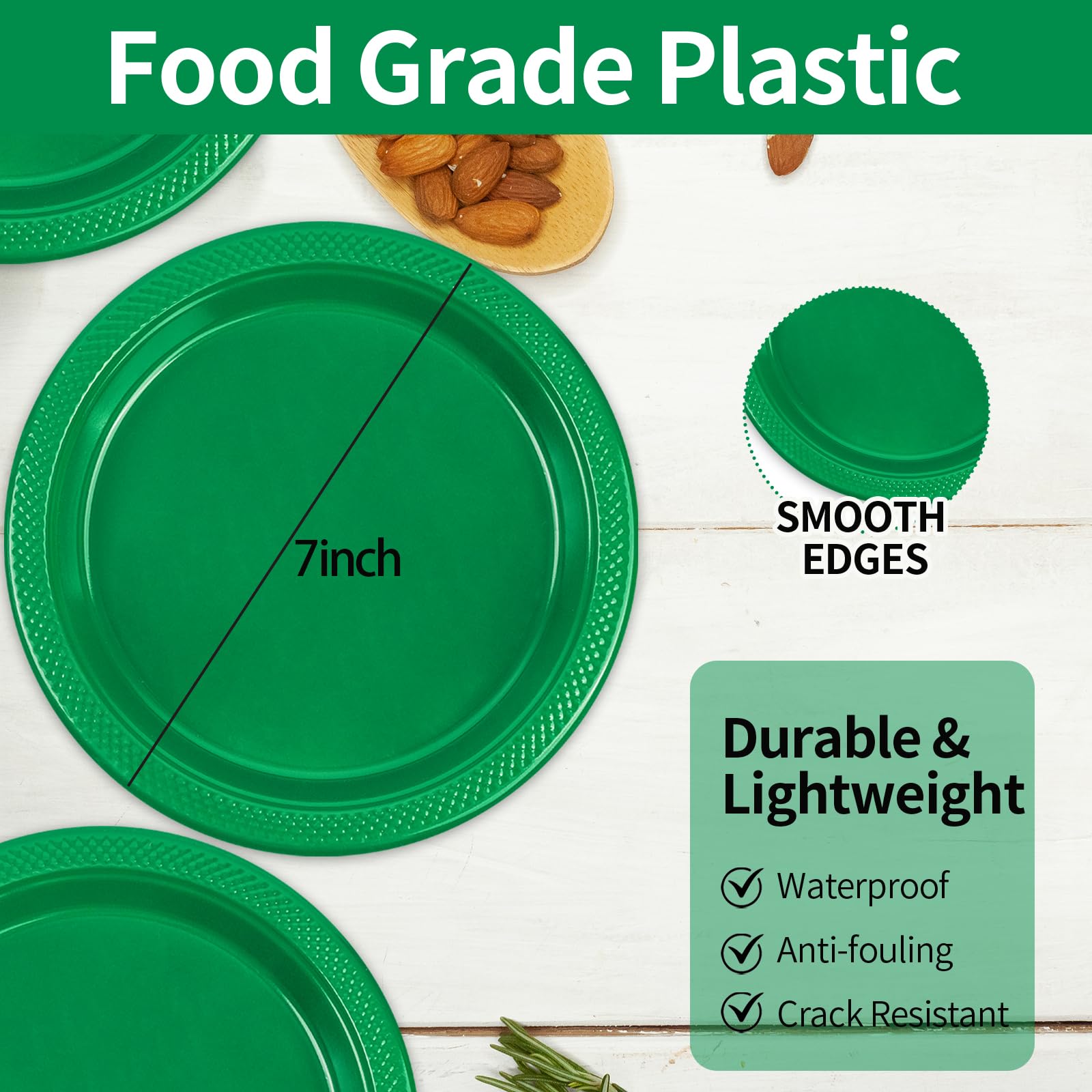 LDFDRT heavy-duty green plates provide durable, disposable serving options.