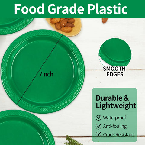LDFDRT heavy-duty green plates provide durable, disposable serving options.