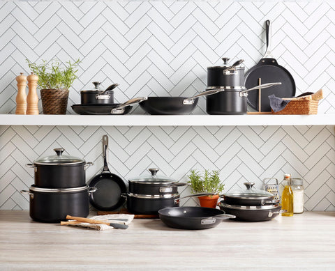 Le Creuset pan compatible with all cooktops and oven-safe up to 500°F.