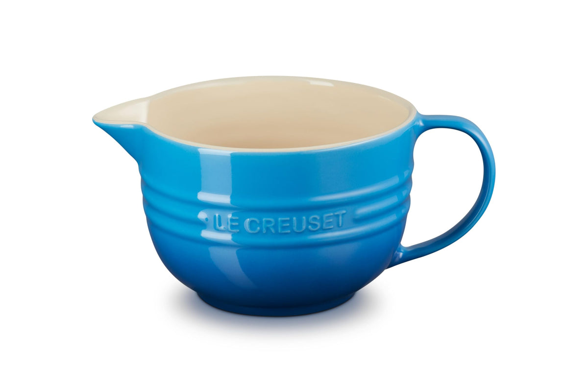 Le Creuset Marseille batter bowl, angle view, smooth pour for clean transfers.