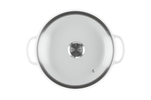 Close-up of Le Creuset braiser glass lid showing moisture circulation.