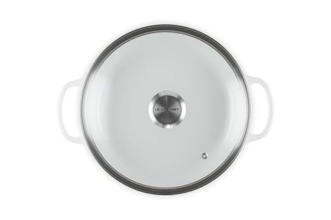 Close-up of Le Creuset braiser glass lid showing moisture circulation.