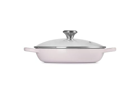 Le Creuset braiser on the stovetop highlights even heat and versatile performance.