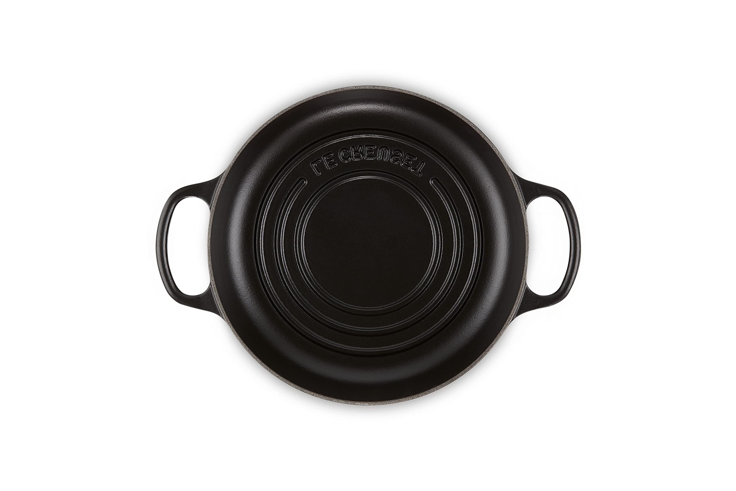 Le Creuset Bread Oven Licorice interior enamel for easy cleaning and durability.