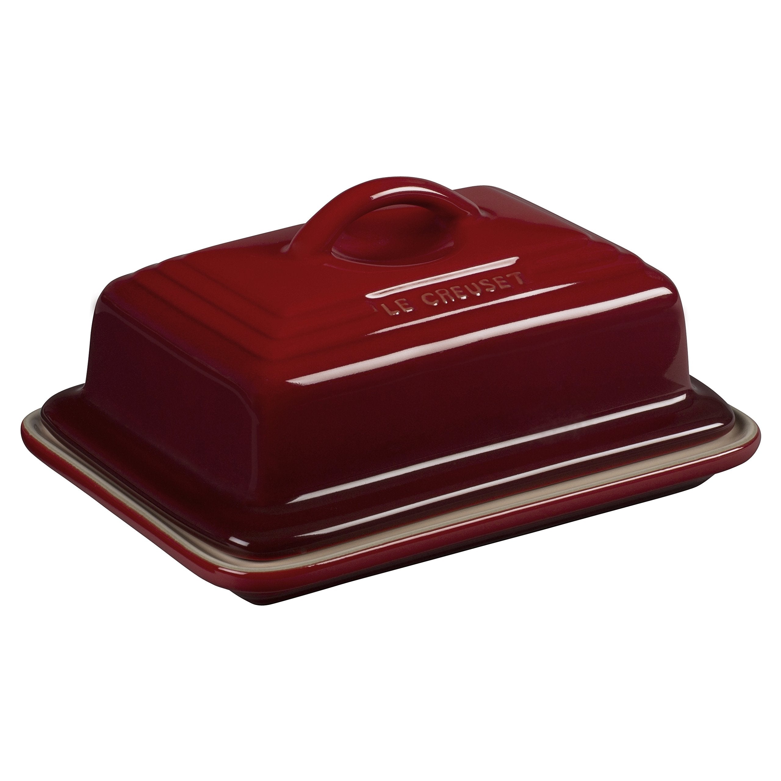 Le Creuset butter dish Cerise front view showing two-stick capacity for fridge-to-table use.