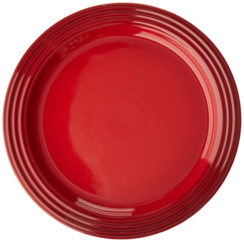 Le Creuset Cerise 10.5-inch dinner plate with vibrant glaze for easy cleanup