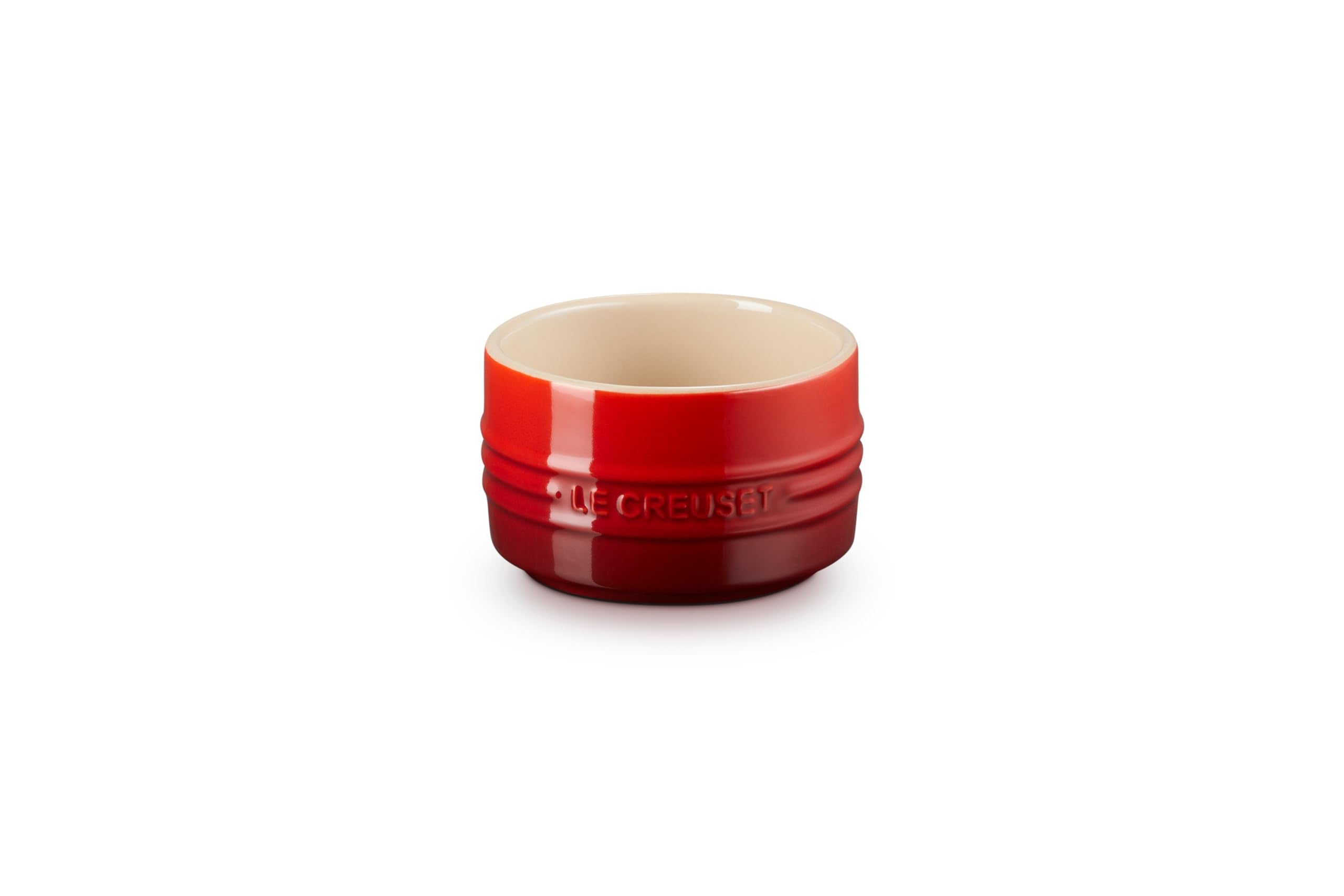 Le Creuset Cerise ramekin top view shows vibrant glaze for elegant servings