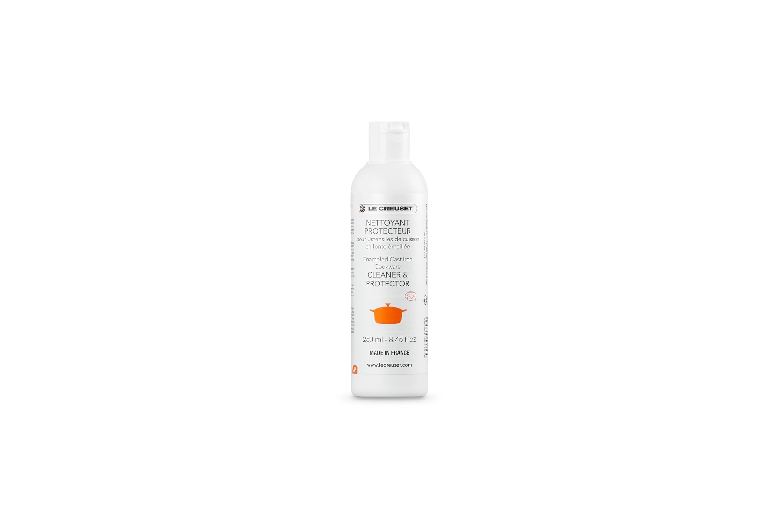 Le Creuset cleaner bottle close-up, 8.45 oz, convenient maintenance