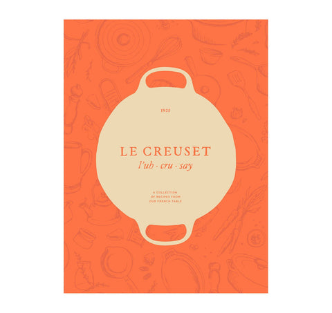 Le Creuset Cookbook cover highlights durable design for kitchen inspiration.