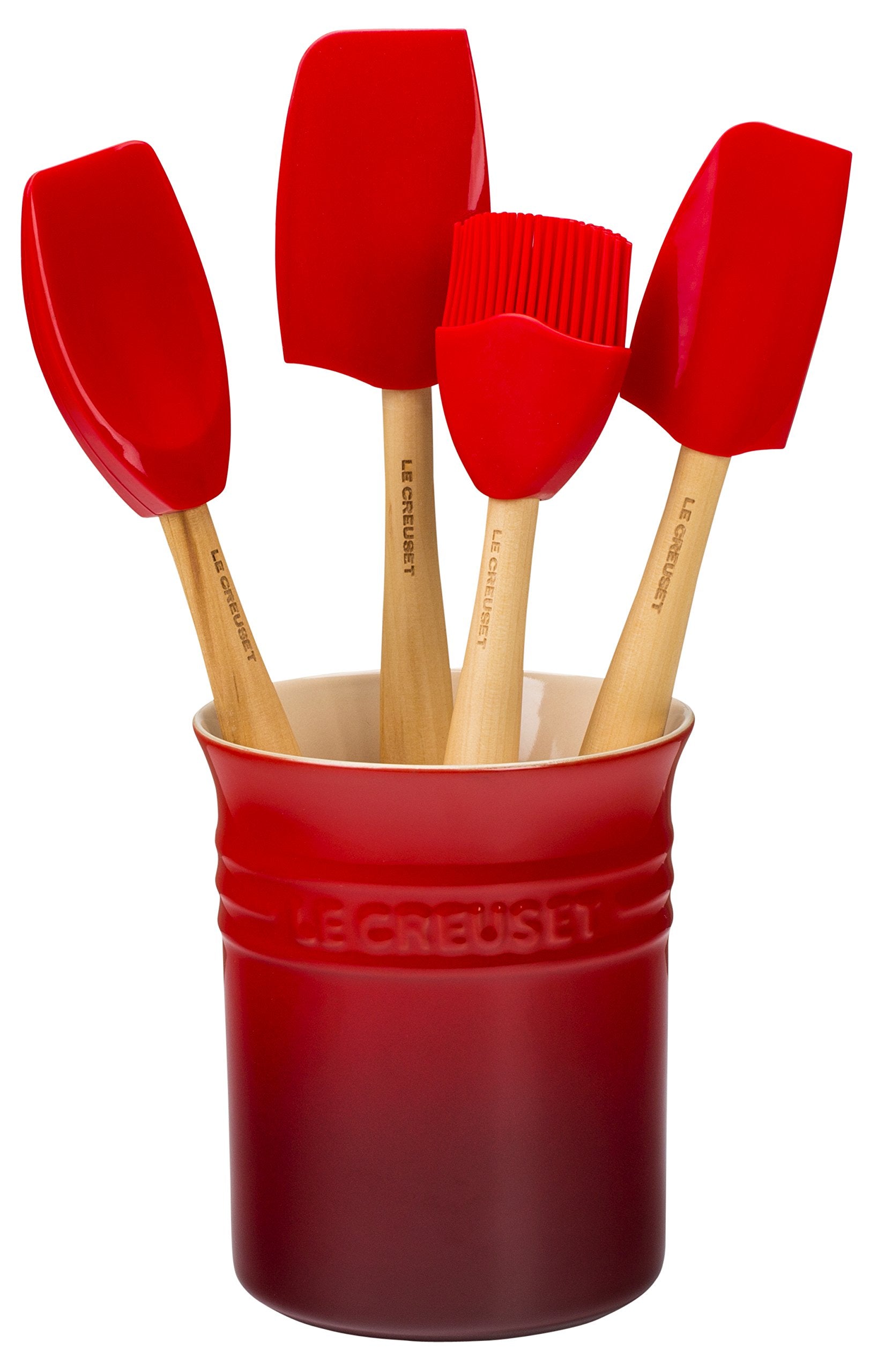 Le Creuset Craft Series stoneware crock with utensils for durable kitchen organization.