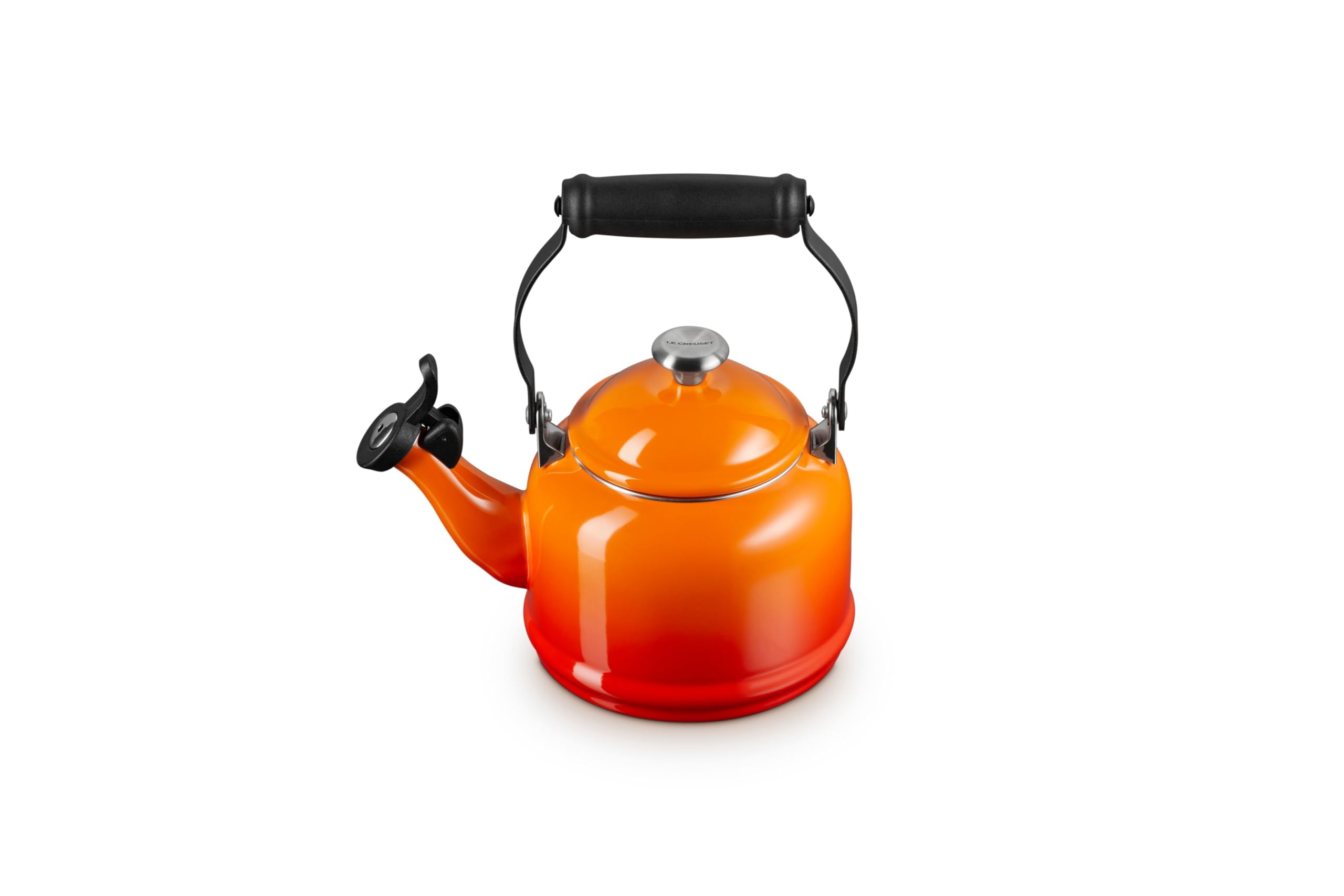 Le Creuset Demi Tea Kettle Flame front view heats water quickly.