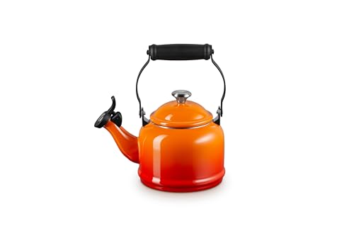 Le Creuset Demi Tea Kettle Flame with sturdy handle and knob.