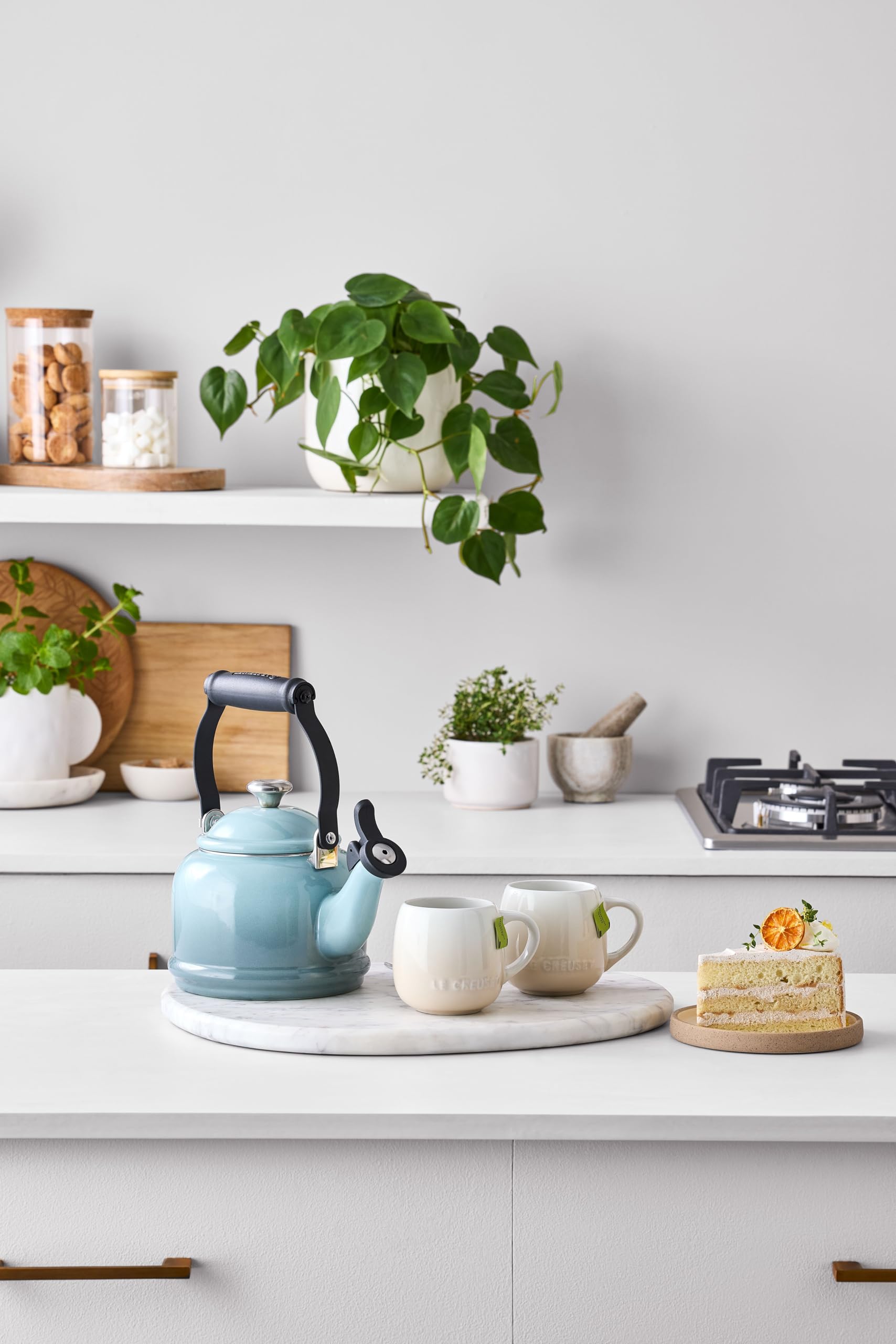 Le Creuset licorice color adds vibrant style to kitchen countertops.