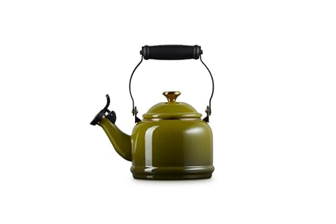 Le Creuset Demi Tea Kettle olive handle close-up showing stay-cool folding grip