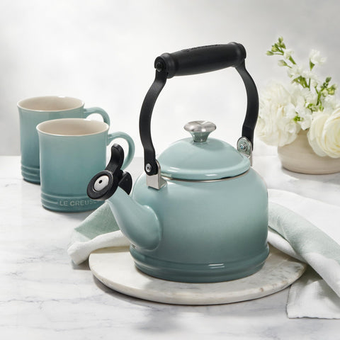 Le Creuset Demi Tea Kettle olive interior markings indicate min and max levels
