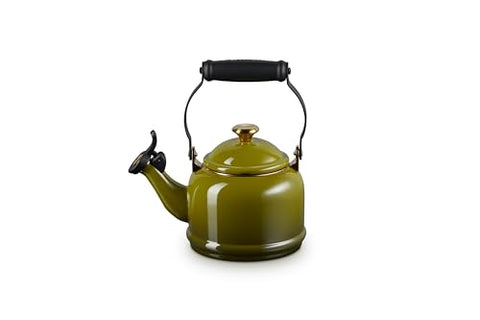 Le Creuset Demi Tea Kettle olive with stainless steel knob and brackets for secure handling