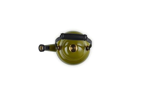 Le Creuset Demi Tea Kettle olive whistle close-up highlighting the fixed single-tone alert
