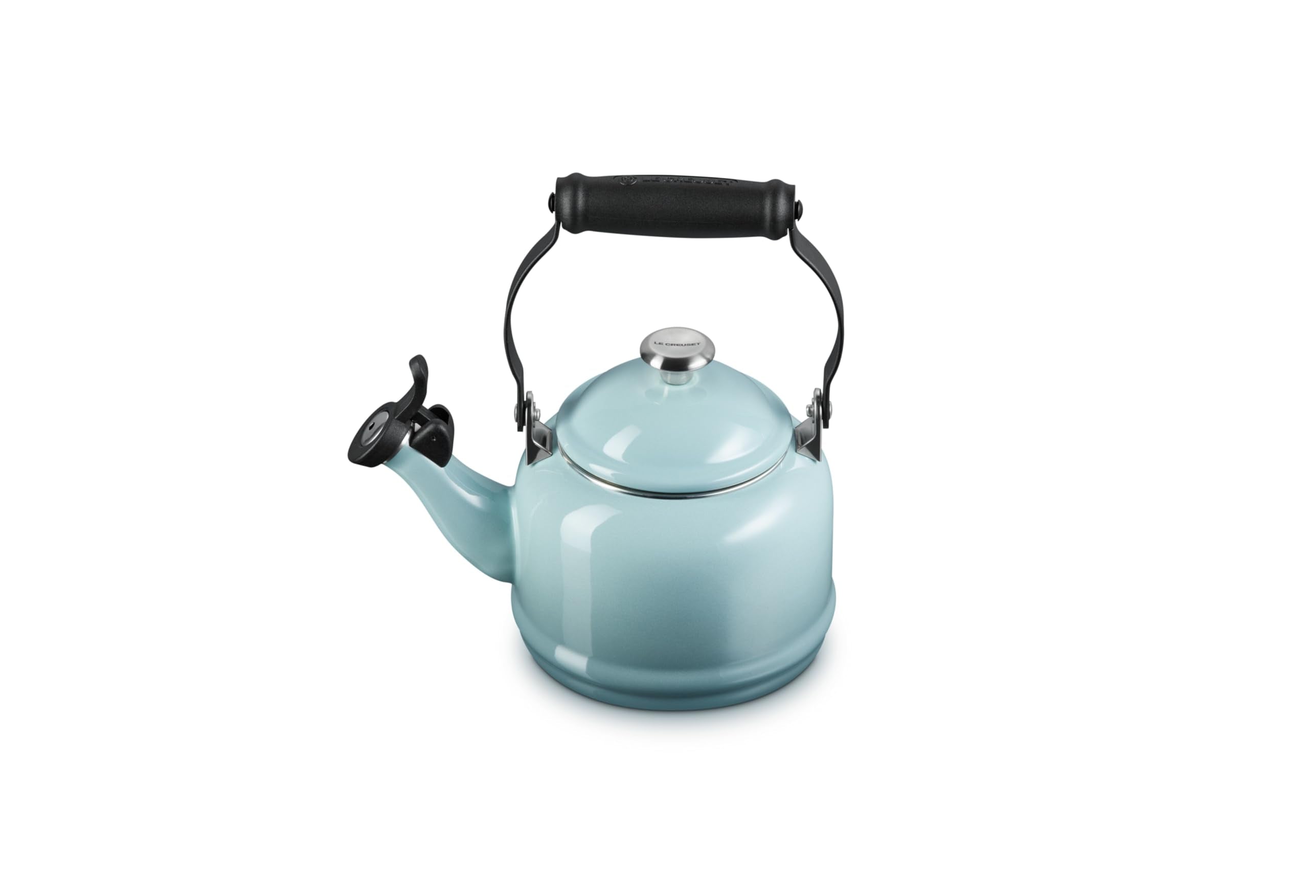 Le Creuset Demi Tea Kettle Sea Salt front view shows rapid heating
