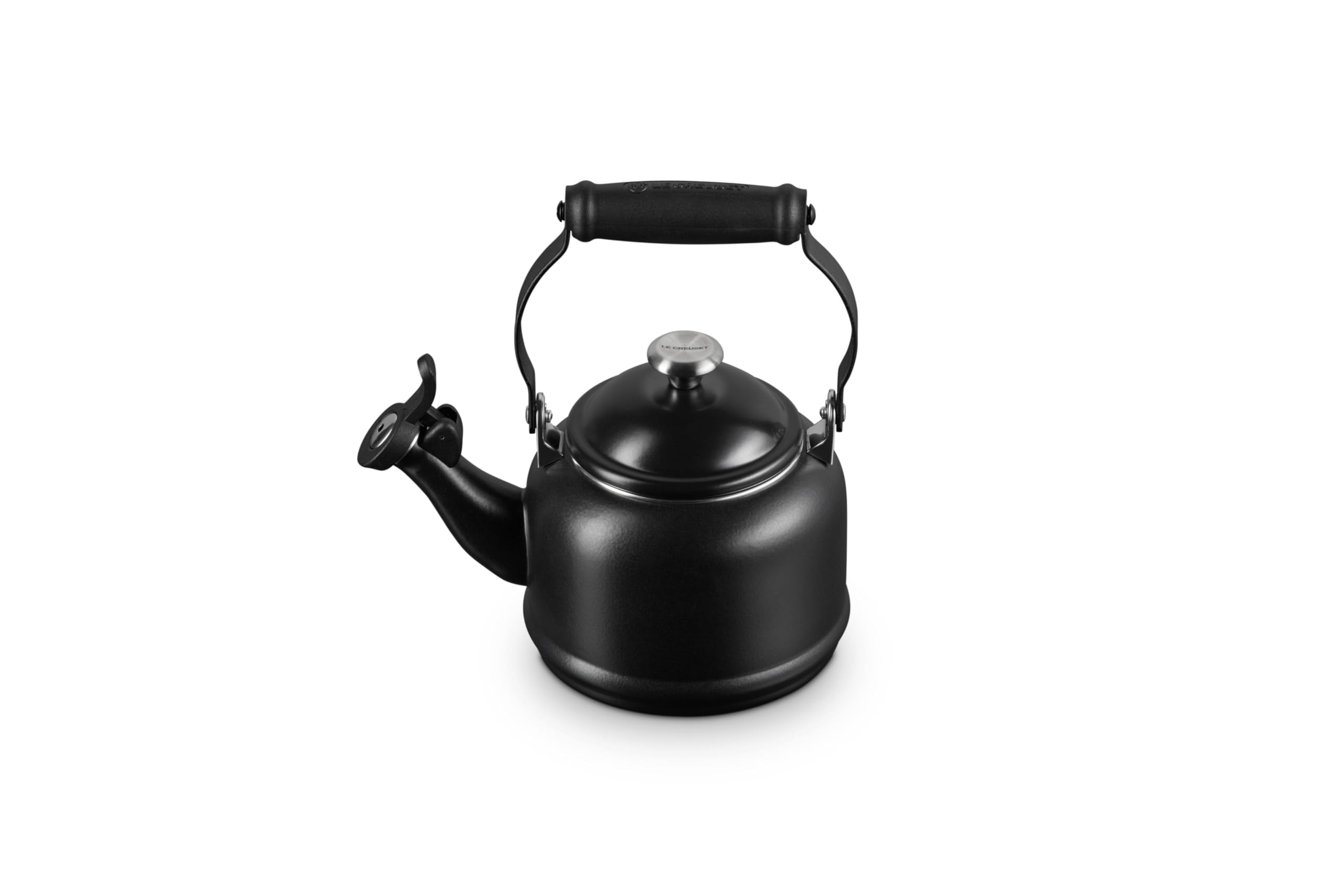 Le Creuset Demi Tea Kettle whistle signals boil for quick tea or coffee.
