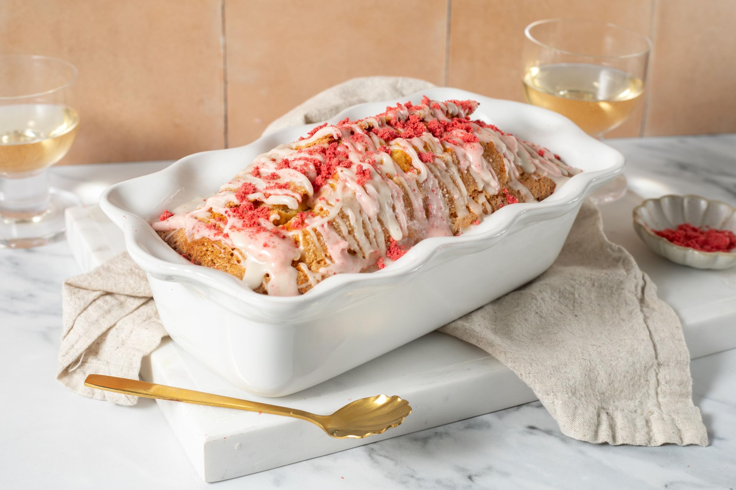 Le Creuset dishwasher-safe white stoneware is ready for everyday use.