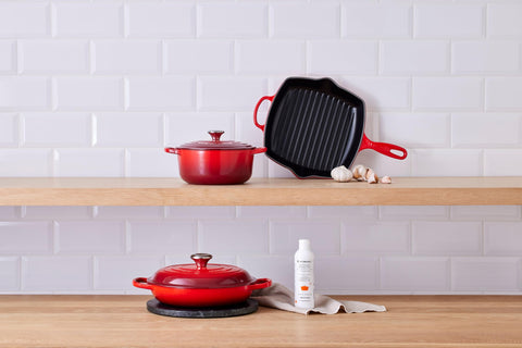 Before and after Le Creuset enamel cookware cleaning shows renewed shine