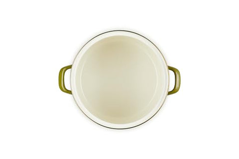 Le Creuset olive stockpot full view emphasizes its 10-quart capacity