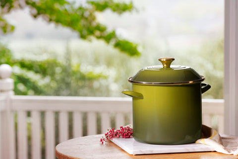 Le Creuset olive stockpot with pasta demonstrates versatile one-pot cooking