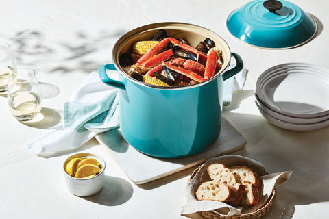 Le Creuset olive stockpot rim detail highlights sturdy edge protection