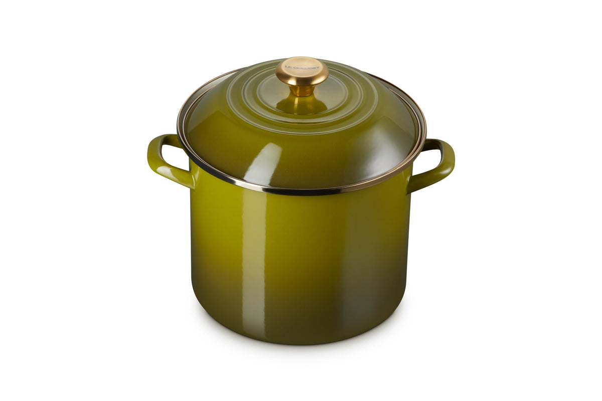 Le Creuset enamel stockpot olive side view ideal for large soups and stocks