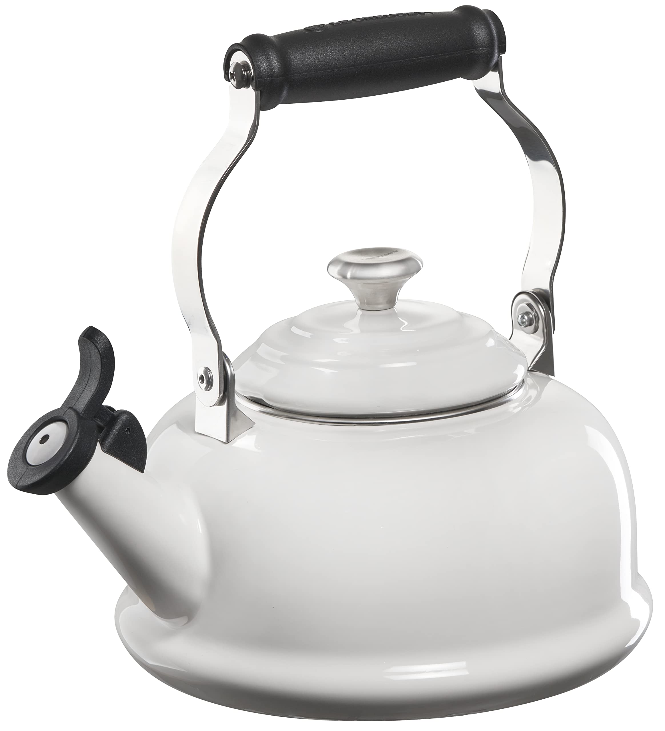 Le Creuset enamel on steel white kettle body for rapid water heating.