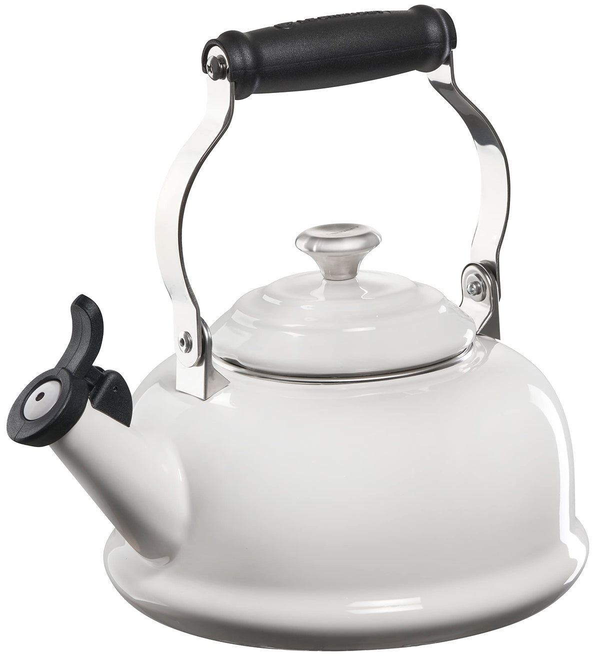 Le Creuset enamel on steel white kettle body for rapid water heating.
