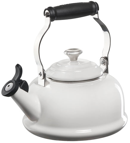 Le Creuset enamel on steel white kettle body for rapid water heating.
