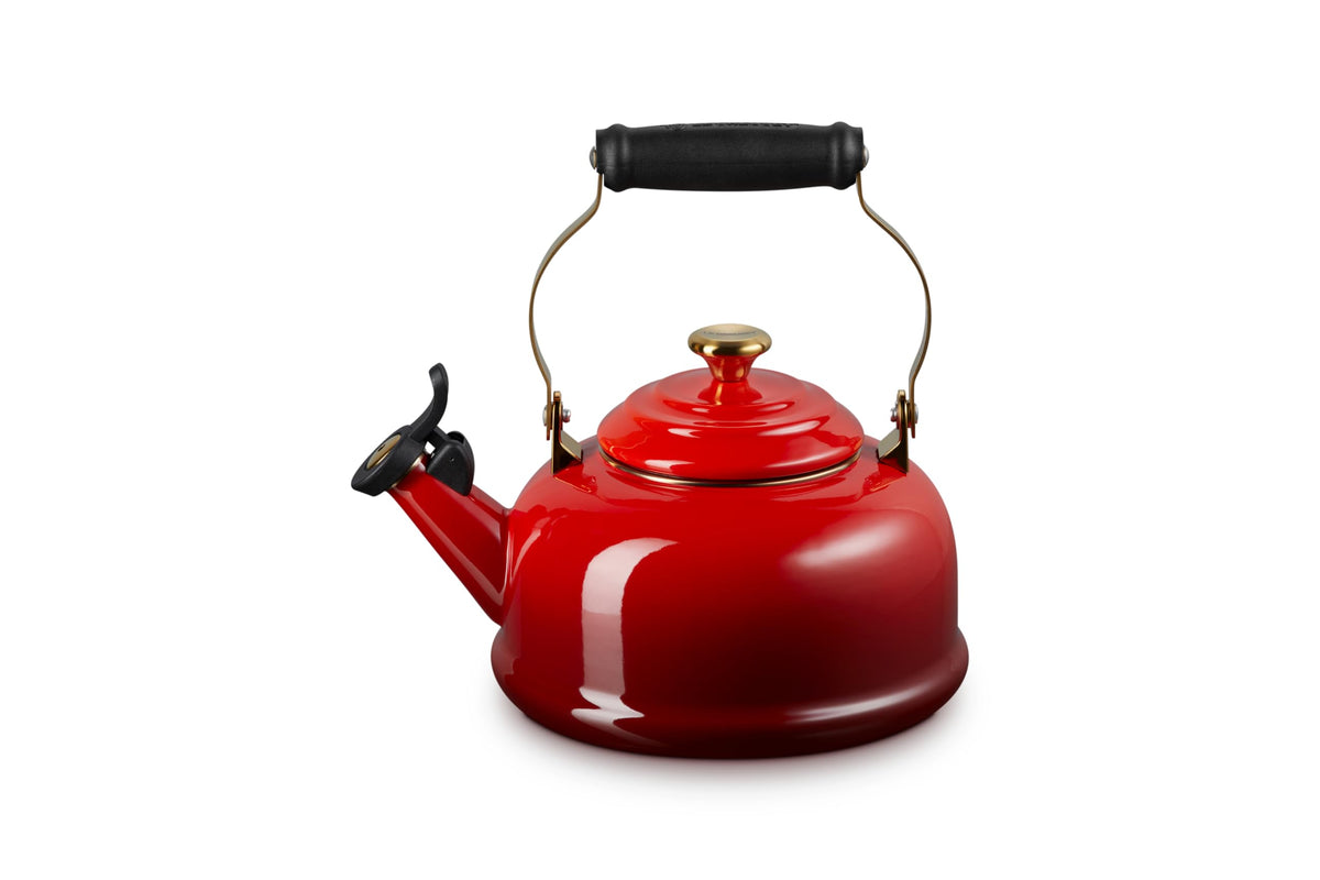 Le Creuset enamel steel kettle full view, vibrant Cerise finish for fast, stylish boiling.