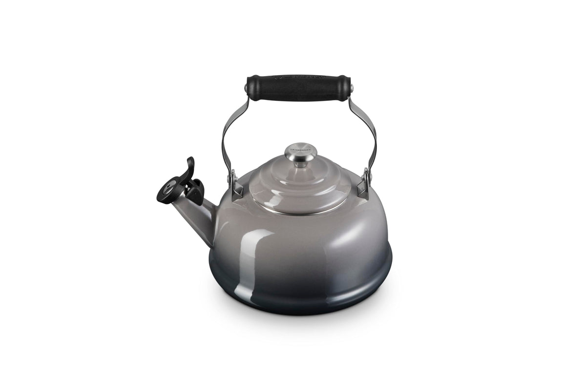 Le Creuset enamel steel whistling kettle in oyster, quick hot water.